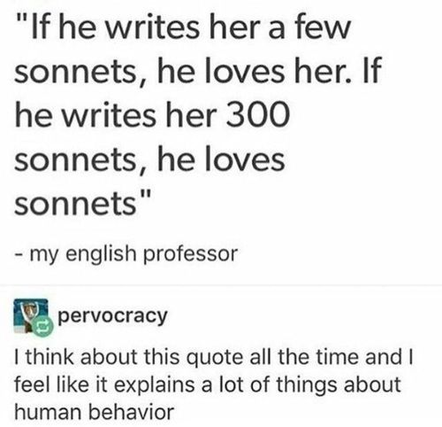 System - If he writes her a few sonnets, he loves her. If he writes her 300 sonnets, he loves sonnets my english professor pervocracy I think about this quote all the time and I feel it explains a lot of things about human behavior