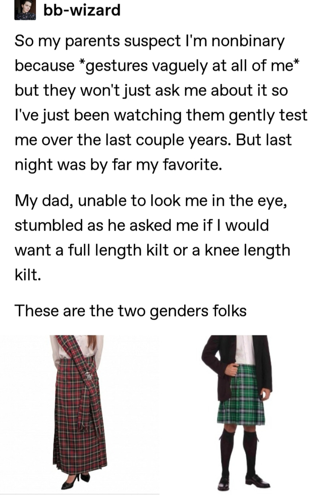 dress - bbwizard So my parents suspect I'm nonbinary because gestures vaguely at all of me but they won't just ask me about it so I've just been watching them gently test me over the last couple years. But last night was by far my favorite. My dad, unable