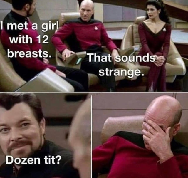 star trek dozen tit meme - I met a girl with 12 breasts. That sounds strange. Dozen tit?