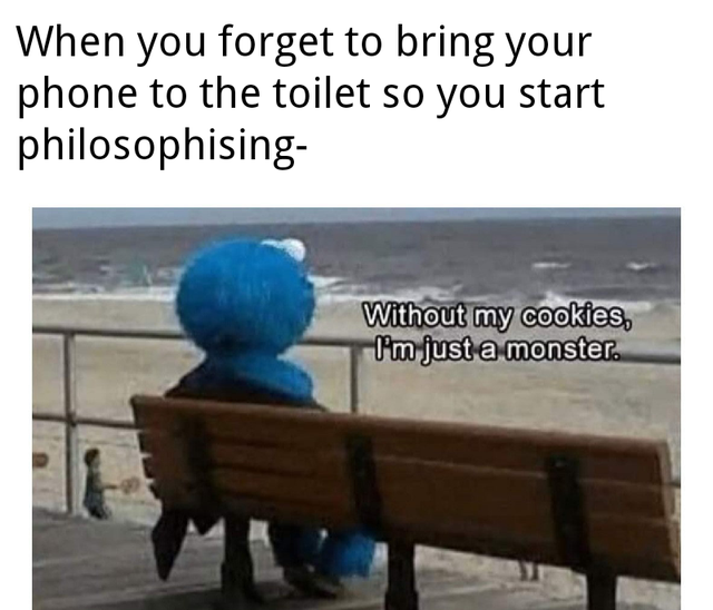 without my cookies i m just a monster - When you forget to bring your phone to the toilet so you start philosophising Without my cookies, I'm just a monster.