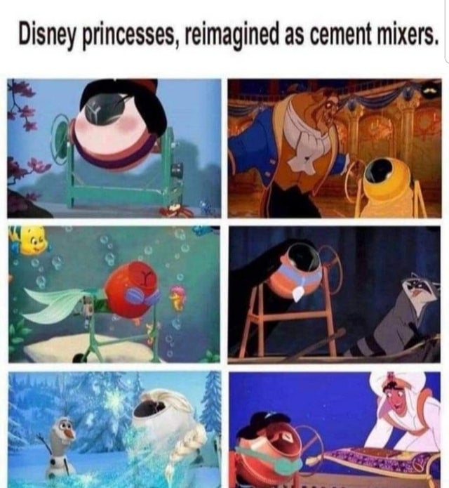 disney princesses as cement mixers - Disney princesses, reimagined as cement mixers.