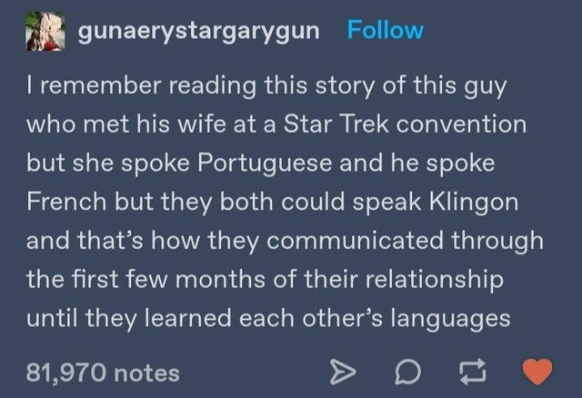 atmosphere - gunaerystargarygun I remember reading this story of this guy who met his wife at a Star Trek convention but she spoke Portuguese and he spoke French but they both could speak Klingon and that's how they communicated through the first few mont