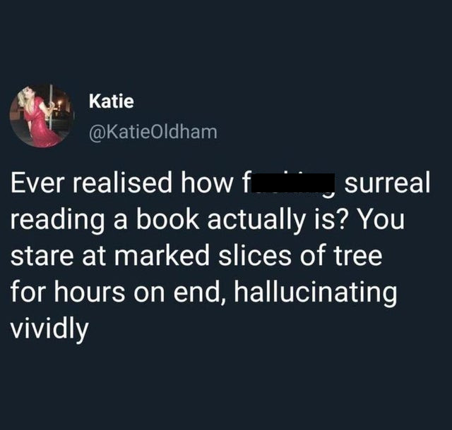 Katie Ever realised how f surreal reading a book actually is? You stare at marked slices of tree for hours on end, hallucinating vividly