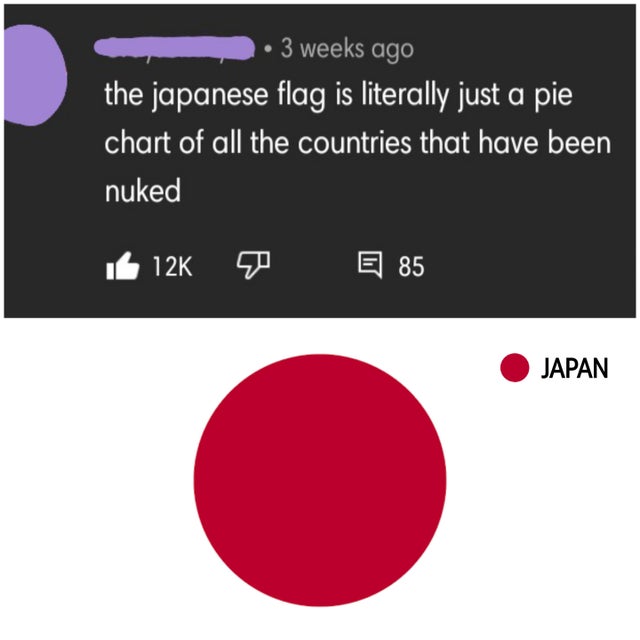 circle - 3 weeks ago the japanese flag is literally just a pie chart of all the countries that have been nuked 12K E 85 Japan