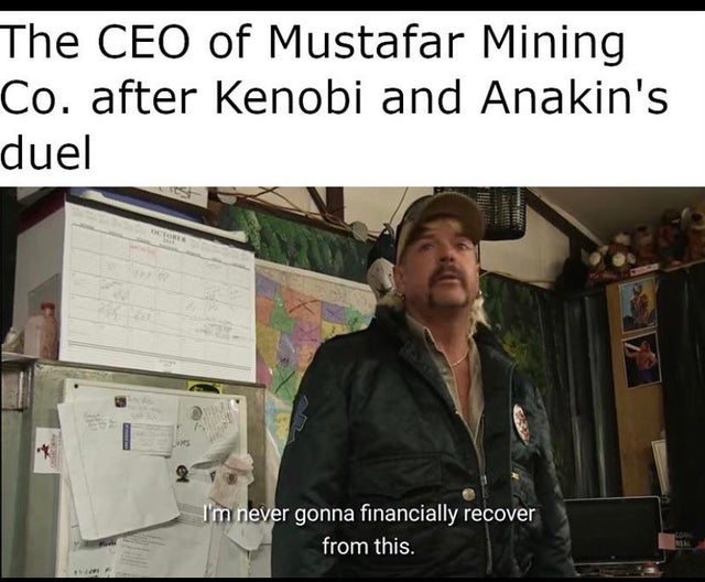 will never financially recover from this memes - The Ceo of Mustafar Mining Co. after Kenobi and Anakin's duel I'm never gonna financially recover from this.