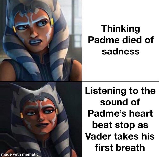 kenobies before naboobies - Thinking Padme died of sadness Listening to the sound of Padme's heart beat stop as Vader takes his first breath made with mematic