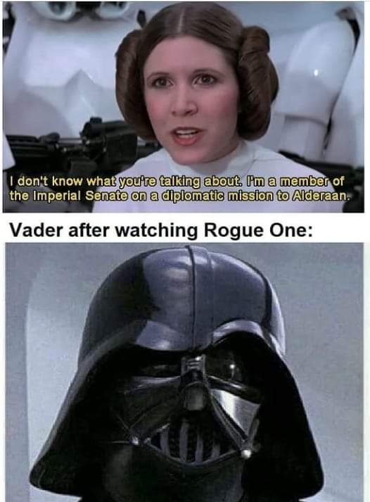 darth vader - I don't know what you're talking about. I'm a member of the Imperial Senate on a diplomatic mission to Alderaan. Vader after watching Rogue One