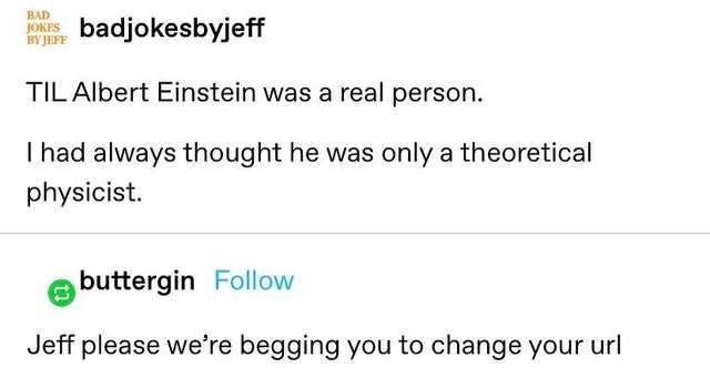 document - Bad Jokes badjokesbyjeff Til Albert Einstein was a real person. I had always thought he was only a theoretical physicist. buttergin Jeff please we're begging you to change your url