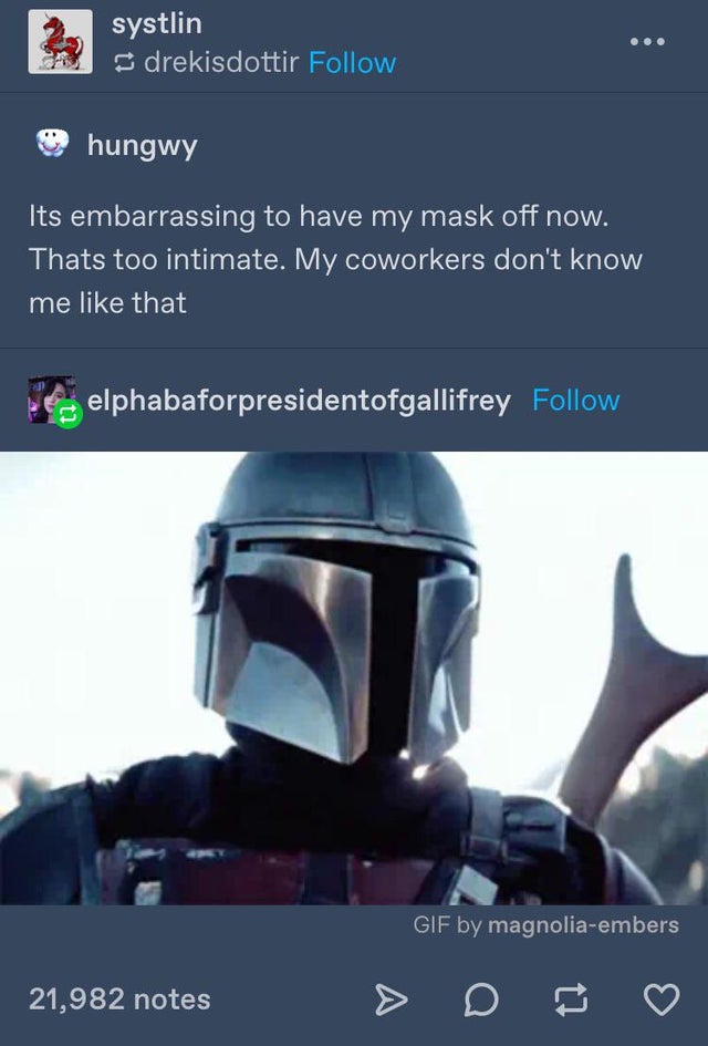 mandalorian aesthetic - systlin drekisdottir hungwy Its embarrassing to have my mask off now. Thats too intimate. My coworkers don't know me that elphabaforpresidentofgallifrey Gif by magnoliaembers 21,982 notes