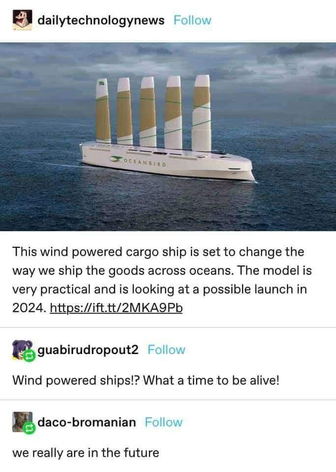 dailytechnologynews Dc Ea N 6190 This wind powered cargo ship is set to change the way we ship the goods across oceans. The model is very practical and is looking at a possible launch in 2024. guabirudropout2 Wind powered ships!? What a time to be alive!…