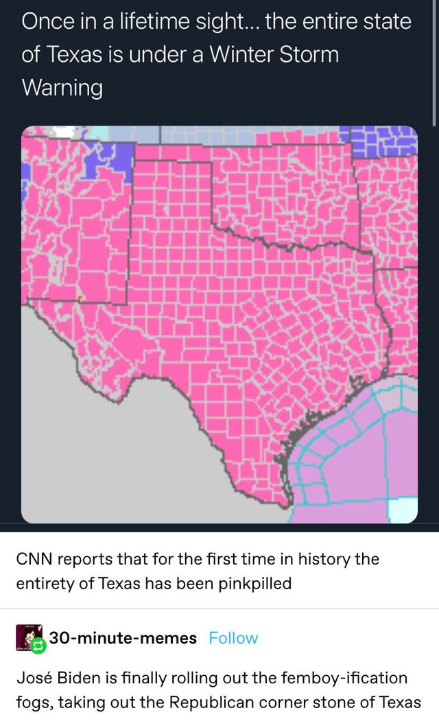 map - Once in a lifetime sight... the entire state of Texas is under a Winter Storm Warning Cnn reports that for the first time in history the entirety of Texas has been pinkpilled 30minutememes Jos Biden is finally rolling out the femboyification fogs, t
