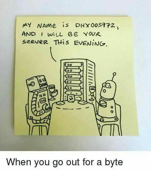 cartoon - My Name is DHX005972, And I Will Be Your server This Evening. bo oo Do S. 0 00 pa When you go out for a byte