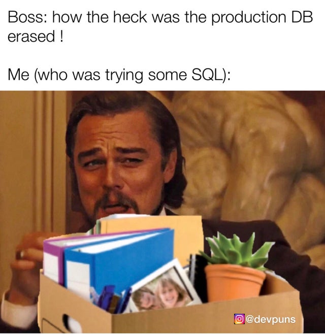 photo caption - Boss how the heck was the production Db erased ! Me who was trying some Sql