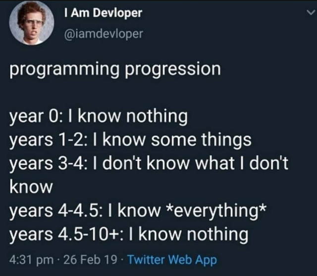 presentation - I Am Devloper programming progression year know nothing years 12 I know some things years 34 I don't know what I don't know years 44.5 1 know everything years 4.510 I know nothing 26 Feb 19 Twitter Web App