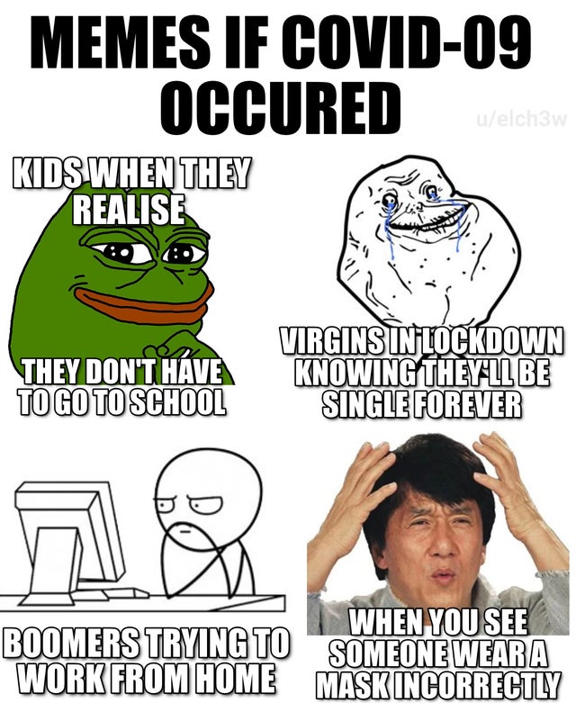 forever alone guy - Memes If Covid09 Occured Kids When They Realise uelch3w They Don'T Have To Go To School Virginsin Lockdown Knowing They'Ll Be Single Forever When You See Boomers Trying To Someone Wear A Work From Home Mask Incorrectly