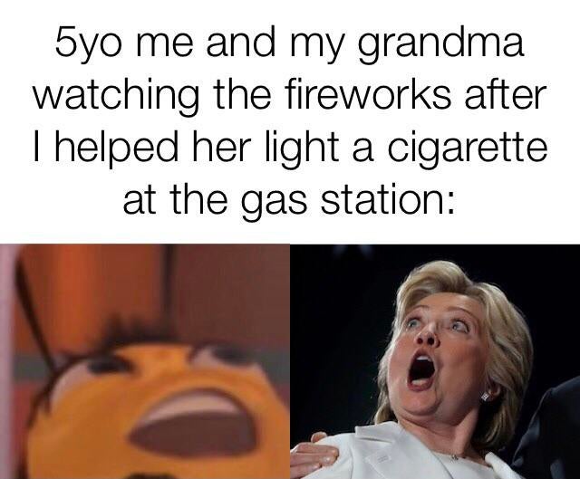 photo caption - 5yo me and my grandma watching the fireworks after I helped her light a cigarette at the gas station
