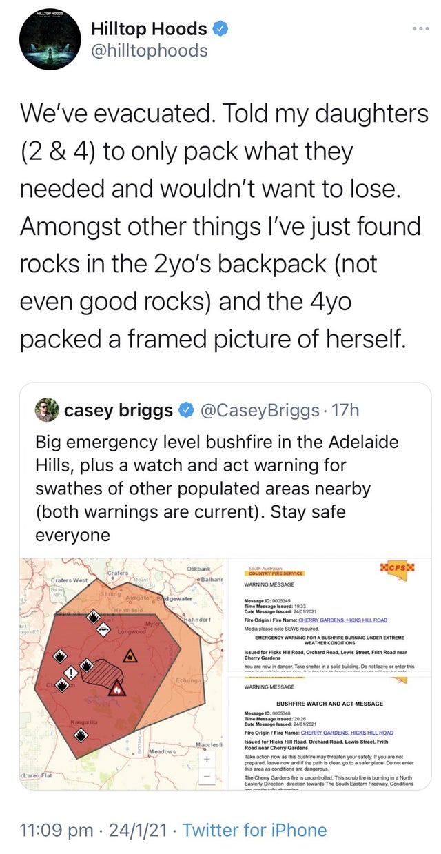 paper - Hilltop Hoods We've evacuated. Told my daughters 2 & 4 to only pack what they needed and wouldn't want to lose. Amongst other things I've just found rocks in the 2yo's backpack not even good rocks and the 4yo packed a framed picture of herself. ca