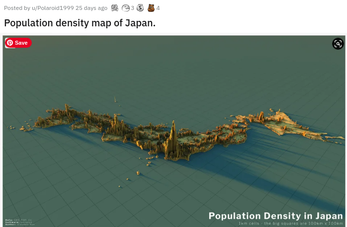 japan population density map - 3 S4 Posted by uPolaroid 1999 25 days ago Population density map of Japan. Save P Population Density in Japan 1km cells the big squares are m x m Bia