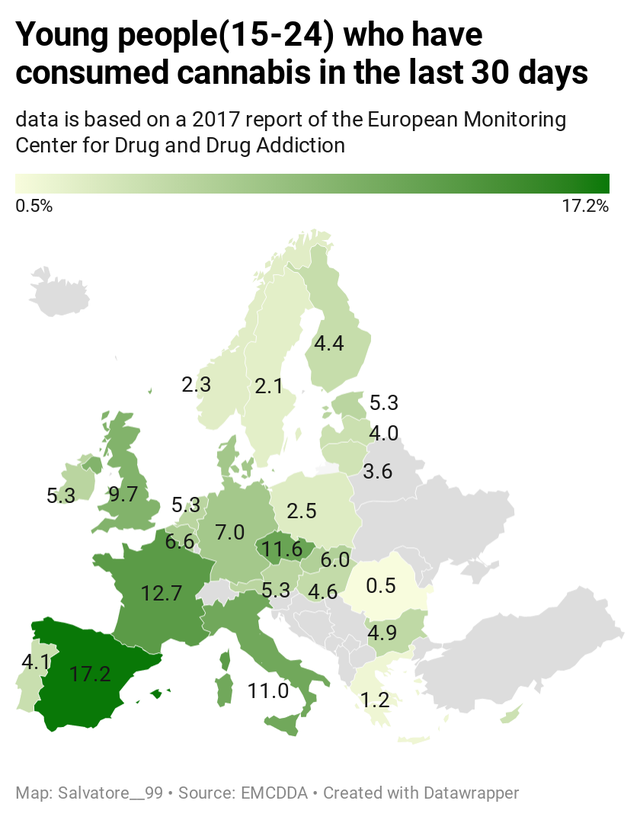 medical device europe - Young people1524 who have consumed cannabis in the last 30 days data is based on a 2017 report of the European Monitoring Center for Drug and Drug Addiction 0.5% 17.2% 4.4 2.3 2.1 5.3 4.0 3.6 5.3 9.7 5.3 2.5 6.6 7.0 11.6 6.0 12.7 5
