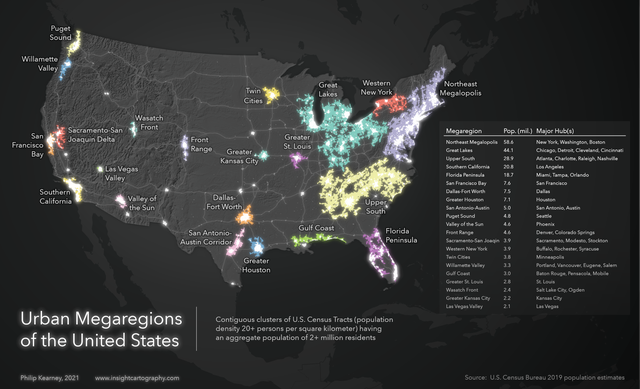 map of where people live in us - Puget Sound Willamette Valley Twin Cities Great Lakes Western New York Northeast Megalopolis Wasatch Front SacramentoSan Joaquin Delta San Francisco Bay Front Greater St. Louis Greater Kansas City Megaregion Pop. mil Major