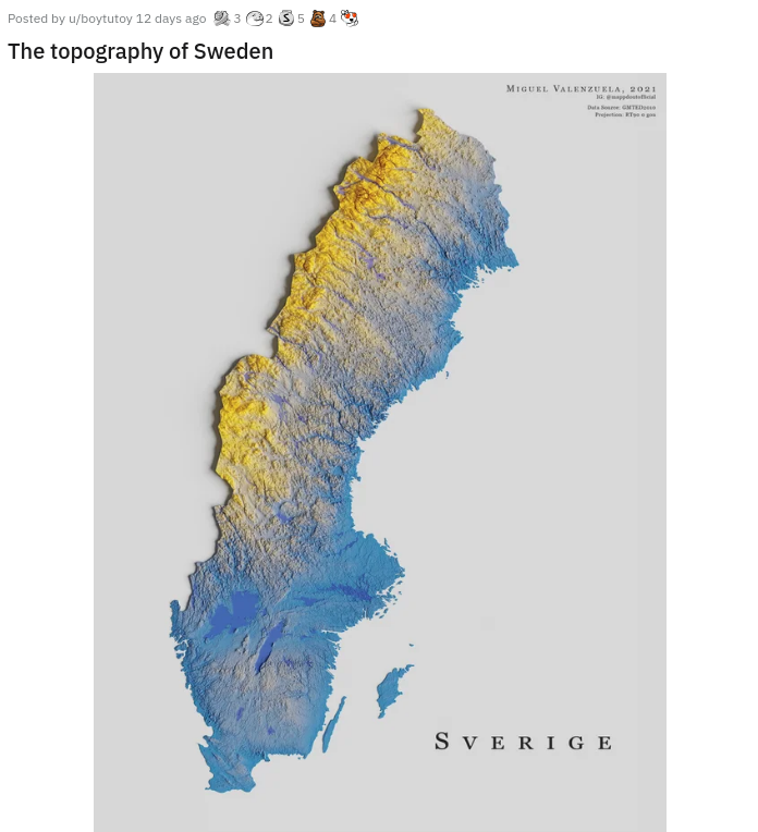 Posted by uboytutoy 12 days ago 3235343 The topography of Sweden Miguel Valenzuela, 2021 Dalam Gmtd Sverige