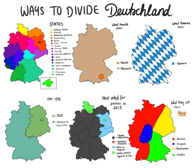 map - Ways To Divide Deutschland States What Munich what America Sees sees Schlesin Home HelburgVorpo .bury Berlin Sony Savany .. wala .es Bavaria Room .Bunkery Bone Thuring Motoren Munich Peosants 19451990 Most voted for parties in 2019 What they call th
