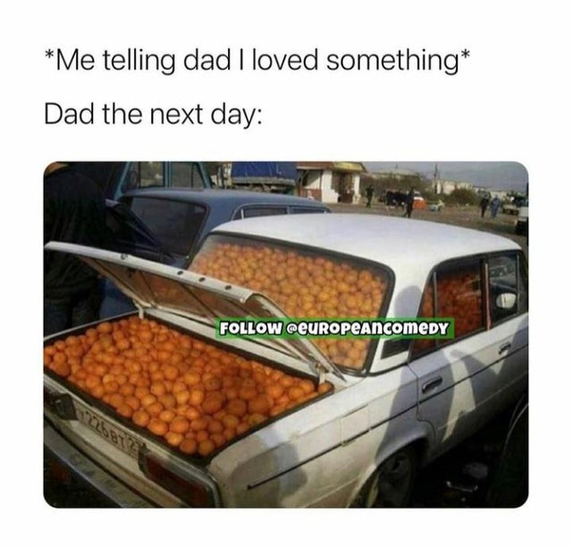 dad and oranges meme - Me telling dad I loved something Dad the next day