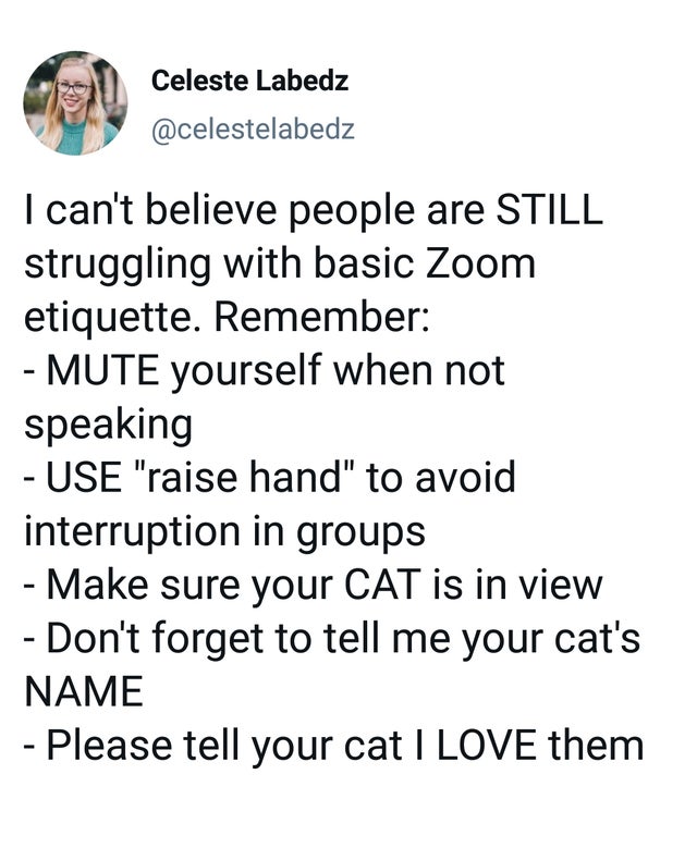 point - Celeste Labedz I can't believe people are Still struggling with basic Zoom etiquette. Remember Mute yourself when not speaking Use raise hand to avoid interruption in groups Make sure your Cat is in view Don't forget to tell me your cat's Name Ple