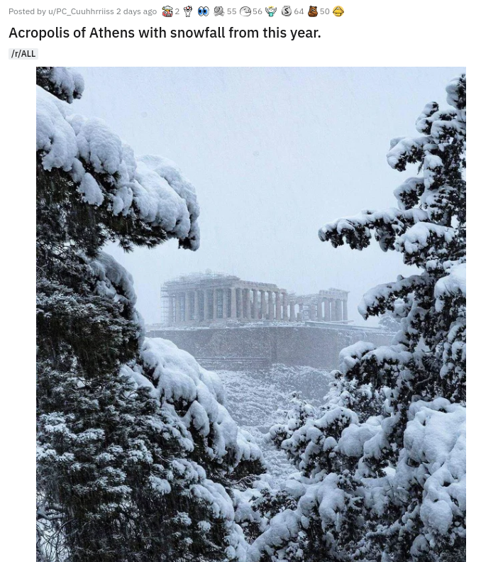 snow - Posted by PS_Cubhris 2 days ago 55256934 Acropolis of Athens with snowfall from this year. Itall