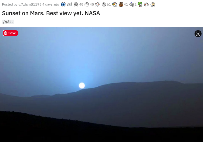 sky - 41 2 Posted by uAdamB1195 4 days ago 48 3 613 Sunset on Mars. Best view yet. Nasa rAll Save P