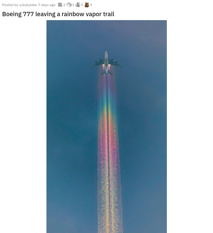 energy - Posted by ueskylabs 7 days ago 2355 Boeing 777 leaving a rainbow vapor trail