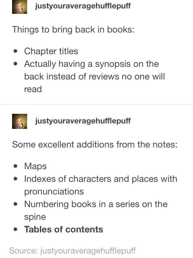 if harry potter books were about hagrid - justyouraveragehufflepuff Things to bring back in books Chapter titles Actually having a synopsis on the back instead of reviews no one will read justyouraveragehufflepuff Some excellent additions from the notes M