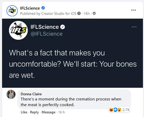 web page - IFLScience Published by Creator Studio for ios 16h Ufls IFLScience What's a fact that makes you uncomfortable? We'll start Your bones are wet. Donna Claire There's a moment during the cremation process when the meat is perfectly cooked. Message