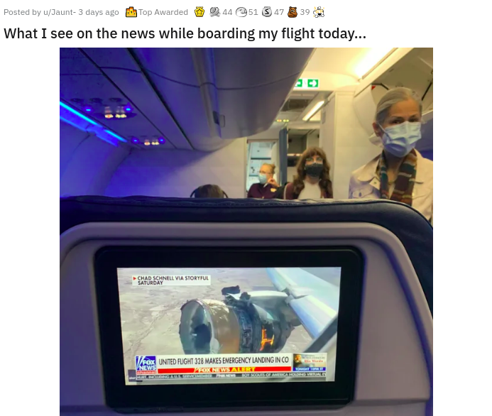 multimedia - 39 Posted by uJaunt 3 days ago Top Awarded 4451 347 What I see on the news while boarding my flight today... Chad Schnell Via Storyful Saturday Vox United Flight 328 Makes Emergency Landing In Co News
