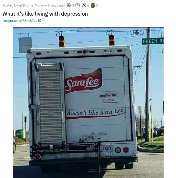 sara lee - Posted by Shuffier Morrow 5 days ago What it's living with depression imgur.com76rpS...2 Green Ri 70536 Sarafee Feed Your Life doesn't Sara Lee. 171371