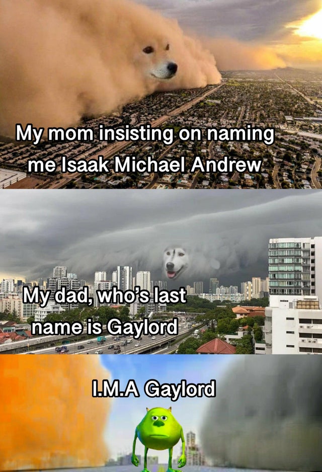 clashing storm dog memes - My mom insisting on naming me Isaak Michael Andrew int My dad, who's last name is Gaylord L.M.A Gaylord