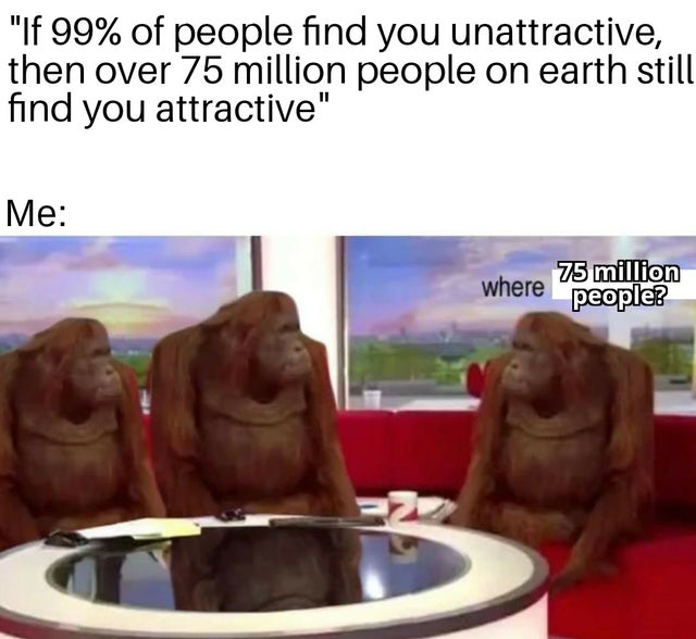 banana meme - If 99% of people find you unattractive, then over 75 million people on earth still find you attractive Me where people? 75 million