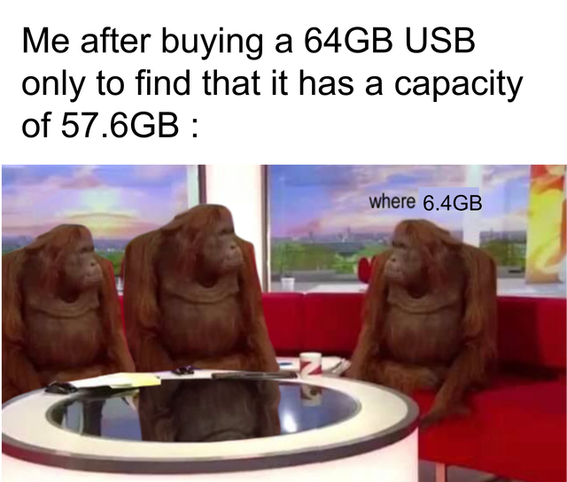 banana meme template - Me after buying a 64GB Usb only to find that it has a capacity of 57.6GB where 6.4GB