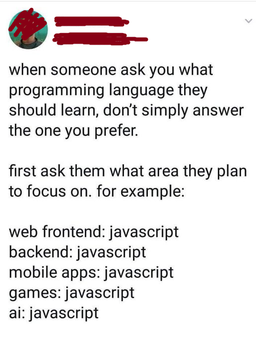 angle - when someone ask you what programming language they should learn, don't simply answer the one you prefer. first ask them what area they plan to focus on. for example web frontend javascript backend javascript mobile apps javascript games javascrip