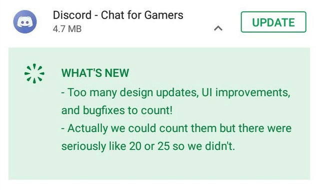 document - Discord Chat for Gamers 4.7 Mb Update What'S New Too many design updates, Ul improvements, and bugfixes to count! Actually we could count them but there were seriously 20 or 25 so we didn't.