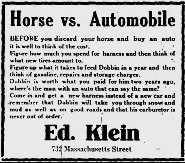 horse vs automobile - Horse vs. Automobile Before you discard your horse and buy an auto it is well to think of the cost. Figure how much you spend for harness and then think of what new tires amount to. Figure up what it takes to feed Dobbin in a year an