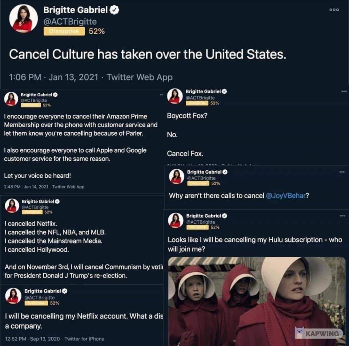 Cancel culture - Brigitte Gabriel Disrupuve 52% Cancel Culture has taken over the United States. Twitter Web App seo Brigitte Gabriel 52% Brigitte Gabriel 52% Boycott Fox? Tencourage everyone to cancel their Amazon Prime Membership over the phone with cus