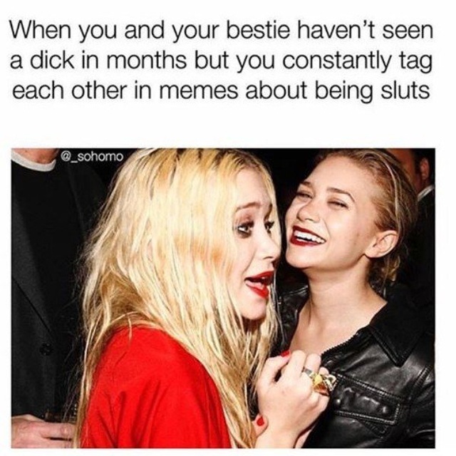 dry spell meme - When you and your bestie haven't seen a dick in months but you constantly tag each other in memes about being sluts