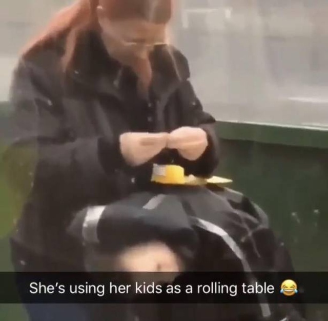poor parenting meme - She's using her kids as a rolling table