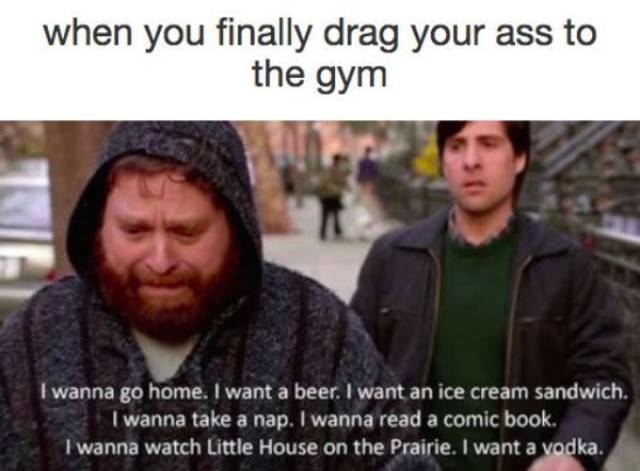 funny parenting memes - when you finally drag your ass to the gym I wanna go home. I want a beer. I want an ice cream sandwich I wanna take a nap. I wanna read a comic book. I wanna watch Little House on the Prairie. I want a vodka.