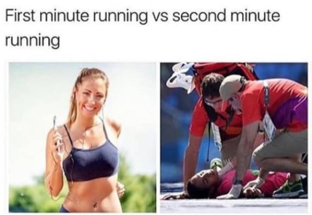 girl running using headphones - First minute running vs second minute running