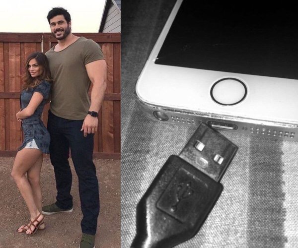 memes - tall man with short girl and charger too big for a phone