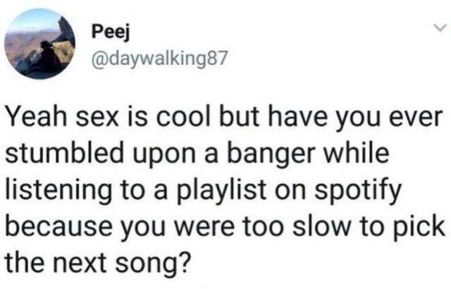 document - Peej Yeah sex is cool but have you ever stumbled upon a banger while listening to a playlist on spotify because you were too slow to pick the next song?