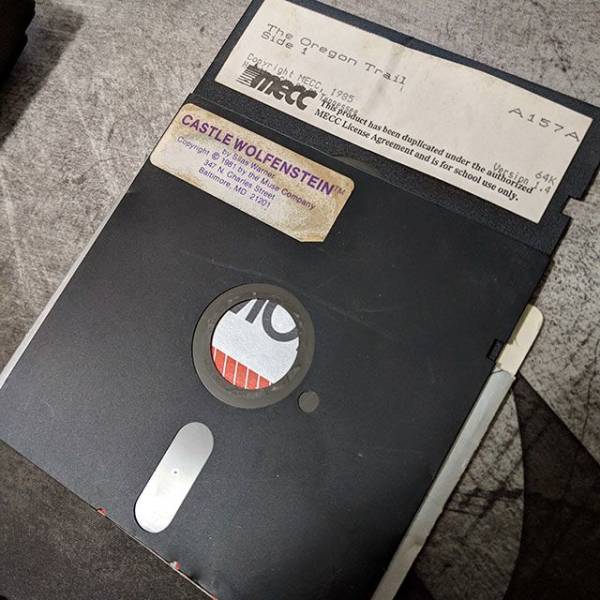 nostalgia old school floppy disk - The Oregon Trail Con D I Meco, 1985 This product has been duplicated under the authorized M Ecc License Agreement and is for school use only. A157A Castle Wolfenstein by Sias Warner Copyright 1981 by the Muse Company 347