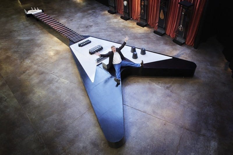 Largest Guitar

This guitar (designed on a 1967 Gibson Flying V model) is 43 feet, 7.5 inches tall; 16 feet, 5.5 inches wide; and weighs 2000 pounds. What’s more, it’s fully functional.